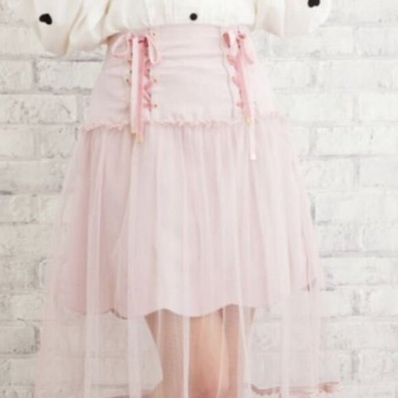 Liz Lisa Pink Lace Up Sheer Overlay Scalloped Maxi Skirt - Picture 2 of 5